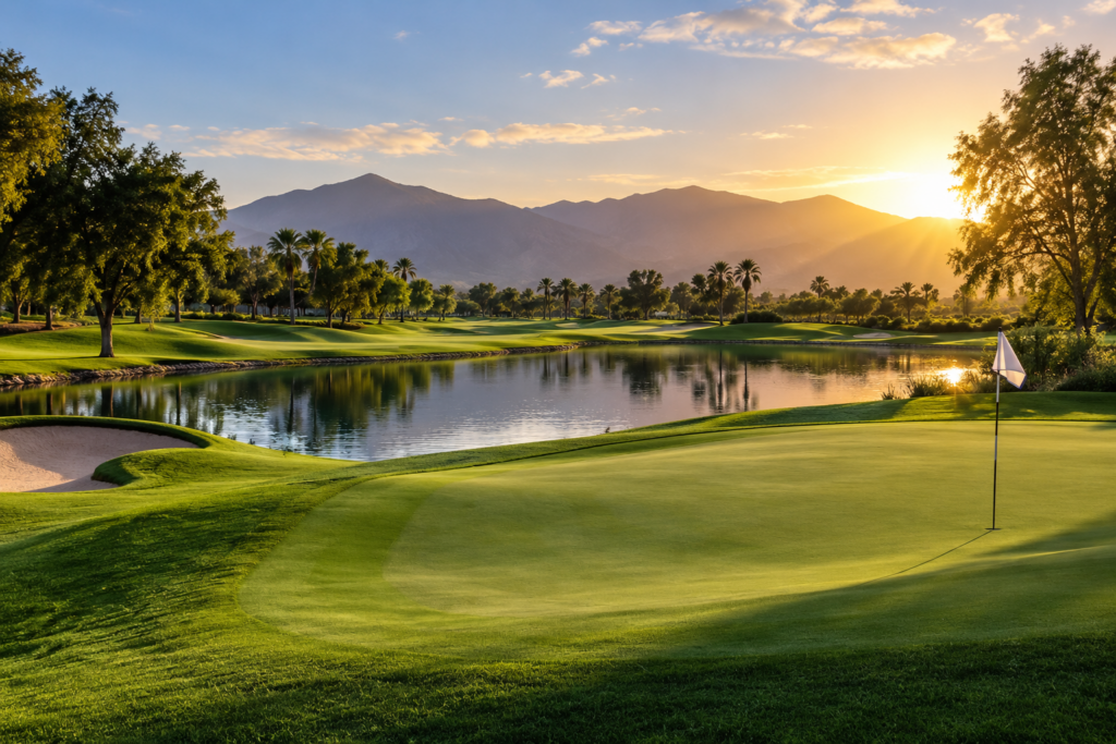 golf course in front of mountain with sun setting